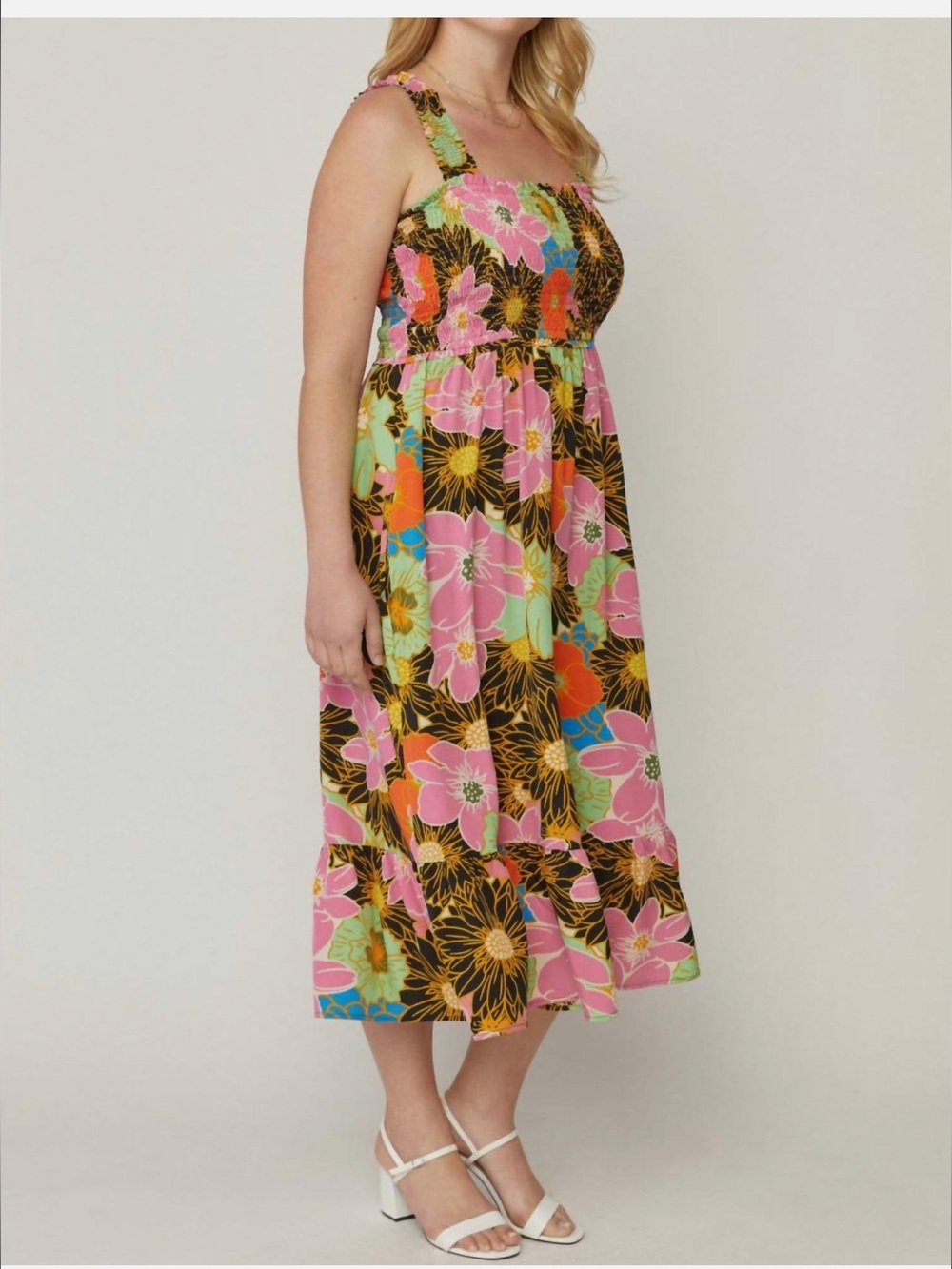 Entro Floral Smocked Midi Dress